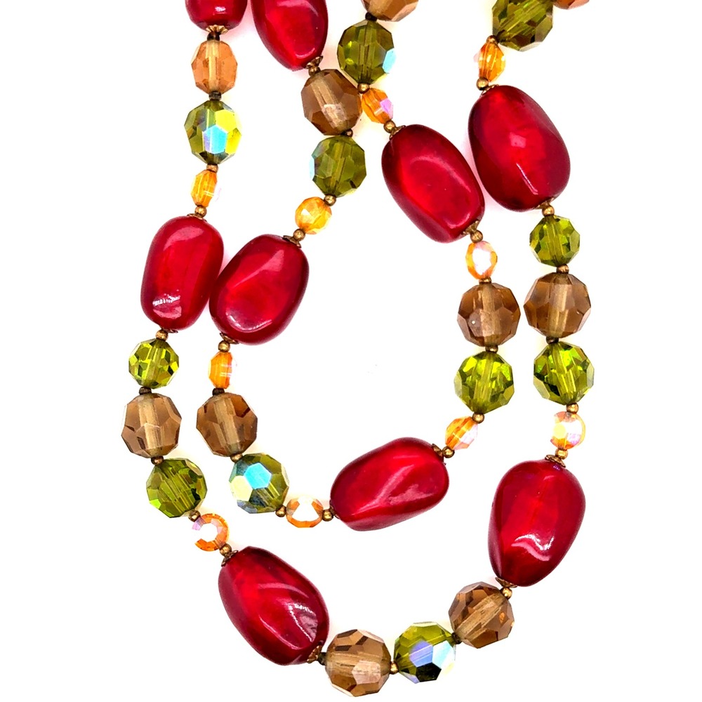 Vintage Double Strand Beaded Necklace Red Green Amber Crystal J-Hook 14-17in